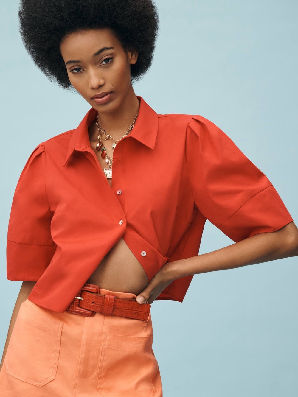 Anthropologie Cropped Puff-Sleeve Shirt in Brick Red